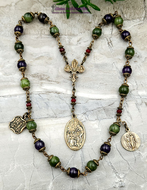 St Peregrine Lourdes Archangel Raphael Amethyst Jade Vintage Bronze Chaplet