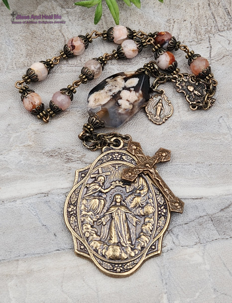 Mary Queen of Heaven Flower Agate Vintage Bronze Antique Style Ornate Large Chaplet