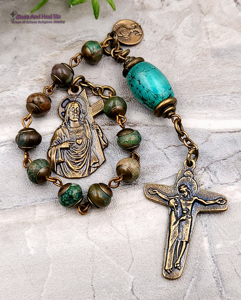 Jesus Carrying the Cross Mary at the Cross Turquoise Jasper Bronze Chaplet