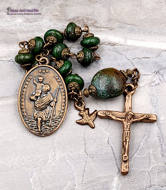 Virgin Mary Christopher Holy Spirit Turquoise Jasper Bronze Mens Chaplet