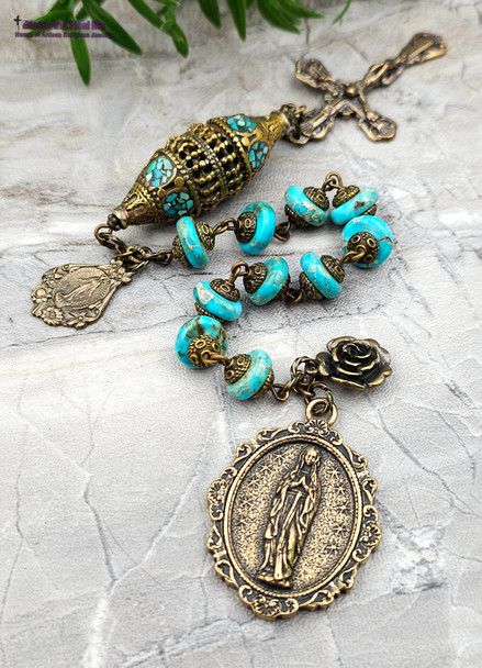 Miraculous Mary Stars Turquoise Jasper Vintage Bronze Antique Style Chaplet