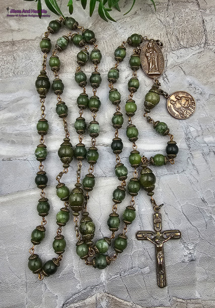 St Jude Archangel Raphael Green Jade Vintage Bronze Rosary