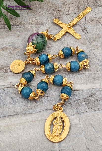 St Jude Perpetual Help Apatite Ruby Zoizite 22k Gold on Sterling Vintage Style Chaplet