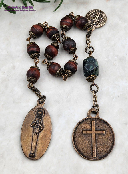 Sacred Heart God is Our Refuge Red Tiger Eye Jasper Vintage Bronze mens Chaplet