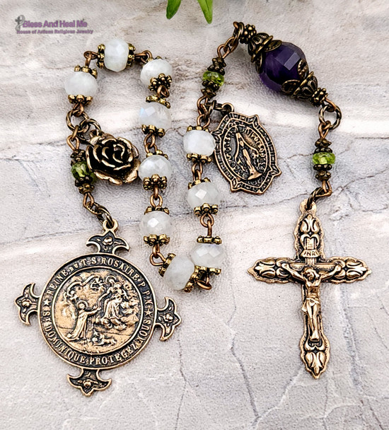 Lady of the Rosary Miraculous Mary Moonstone Amethyst Vintage Bronze Ornate Chaplet