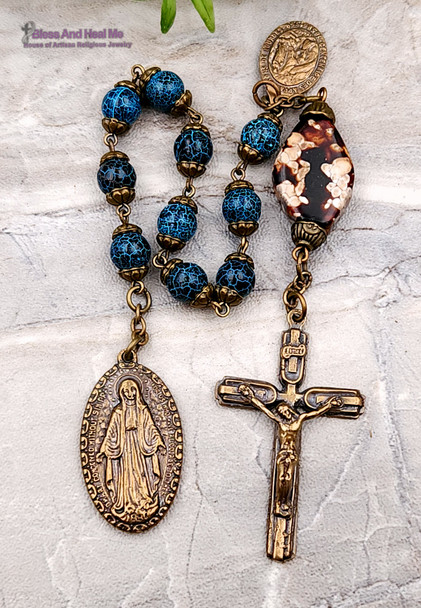 Miraculous Immaculate Mary Lourdes Blue Agate Bronze Antique Style Chaplet