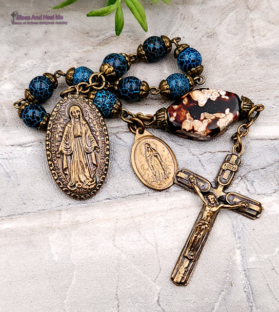 Miraculous Immaculate Mary Lourdes Blue Agate Bronze Antique Style Chaplet