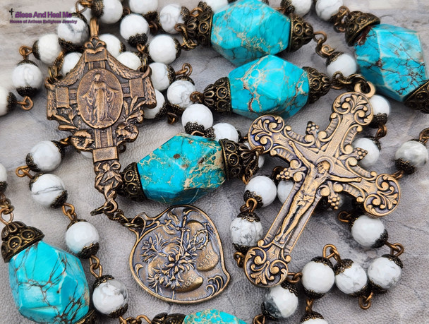 Miraculous Mary Tween Hearts White Turquoise Blue Jasper Vintage Bronze Large Rosary