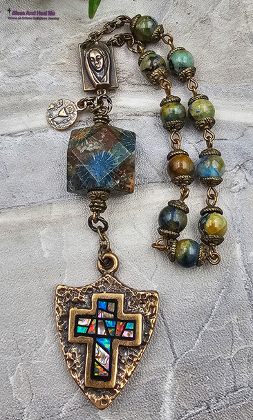 Virgin Mary Opal Shield Cross Chrysocolla Vintage Bronze Chaplet