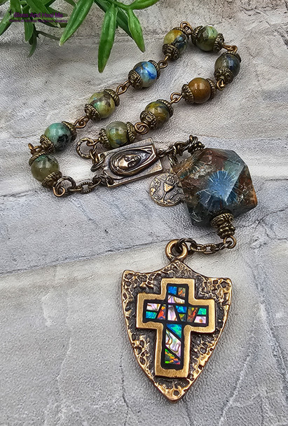 Virgin Mary Opal Shield Cross Chrysocolla Vintage Bronze Chaplet