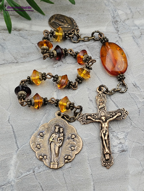 Mary with Angels Miraculous Mary Baltic Amber Bronze Ornate Chaplet