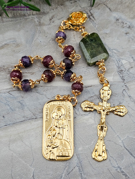 Mary Mother of Mothers Ruby Green Garnet Amethyst 22k Gold Sterling Silver Ornate Chaplet