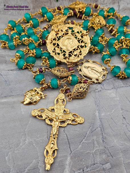Virgin Miraculous Mary Lourdes Amazonite 22k Gold Sterling Ornate Rosary