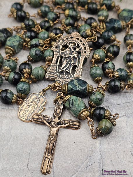 St Joseph Sacred Heart Vintage Bronze Green Kambaba Jasper Mens  Antique Style Rosary