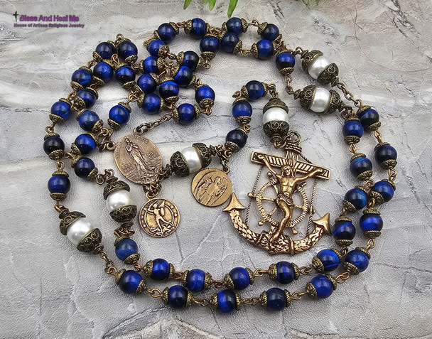 Stella Maris Anchor Crucifix Michael Nautical Blue Tiger Eye Vintage Bronze Rosary