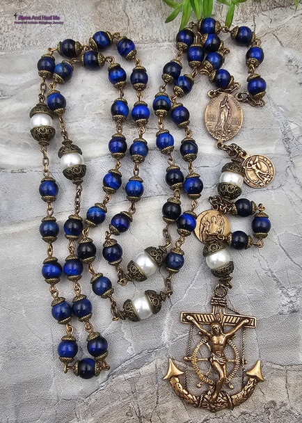 Stella Maris Anchor Crucifix Michael Nautical Blue Tiger Eye Vintage Bronze Rosary