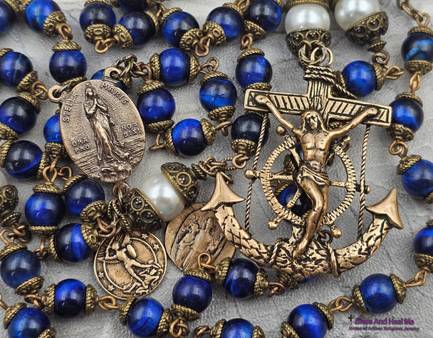 Stella Maris Anchor Crucifix Michael Nautical Blue Tiger Eye Vintage Bronze Rosary