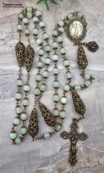 Our Lady of Lourdes Light Green Jade Flowers Bronze tone Ornate Rosary