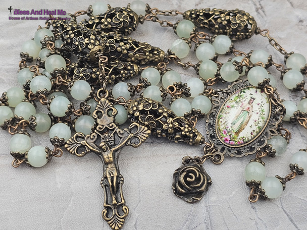 Our Lady of Lourdes Light Green Jade Flowers Bronze tone Ornate Rosary