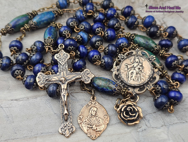 Lady of Carmel Sacred Heart Lapis Chrysocolla Antique Style Vintage Bronze Rosary