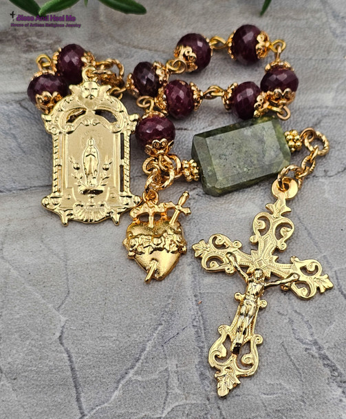 Immaculate Mary Pierced Heart Ruby Green Garnet 22k Gold Sterling Silver Ornate Chaplet