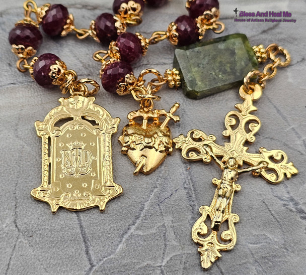 Immaculate Mary Pierced Heart Ruby Green Garnet 22k Gold Sterling Silver Ornate Chaplet