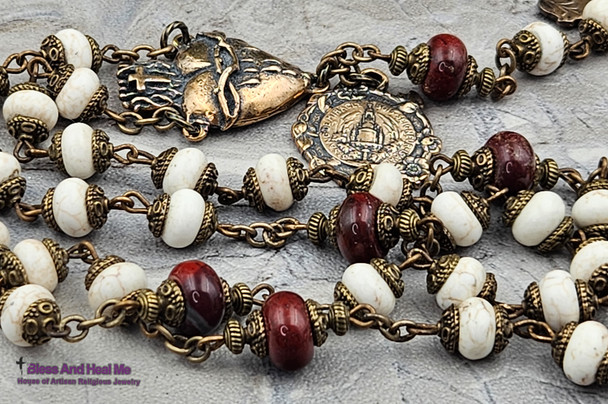 Holy Face of Jesus Devotional Sacred Bleeding Heart Vintage Bronze White Howlite Chaplet