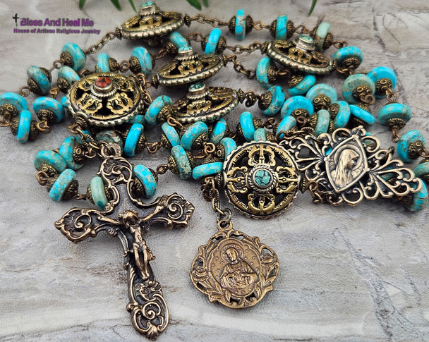 Virgin Mary Sacred Heart Blue Jasper Turquoise Heirloom Ornate Vintage Bronze Rosary