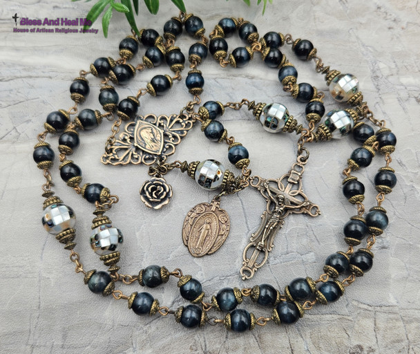 Virgin Miraculous Mary Blue Tiger Eye Pearl Shell Vintage Bronze Rosary