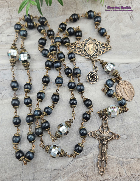 Virgin Miraculous Mary Blue Tiger Eye Pearl Shell Vintage Bronze Rosary