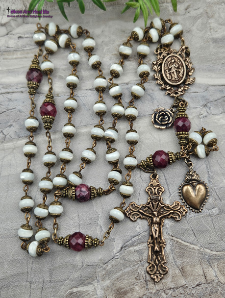 Undoer of Knotts White Mother of Pearl Red Jade Vintage Bronze Ornate Rosary