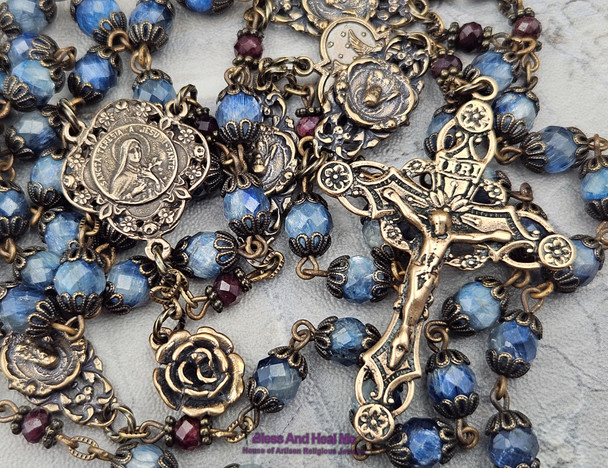 St Therese Sacred Heart Blue Kyanite Bronze Antique Style Ornate Rosary
