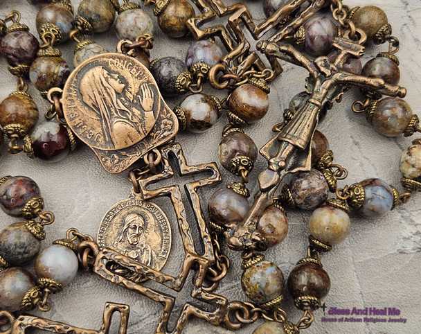 Immaculate Conception Sacred Heart Large Vintage Bronze Antique Style Rosary