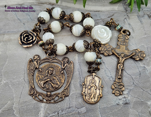 Virgin Mary Angels Jesus White Pearl Shell Opal Vintage Bronze Chaplet