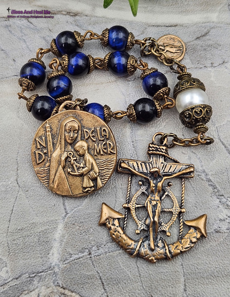 Stella Maris Anchor Crucifix Michael Nautical Blue Tiger Eye Vintage Bronze Chaplet