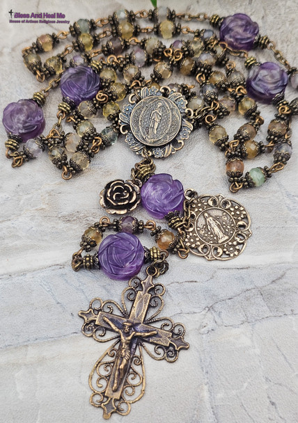 Virgin Miraculous Mary Roses Fluorite Amethyst Vintage Bronze Ornate Rosary