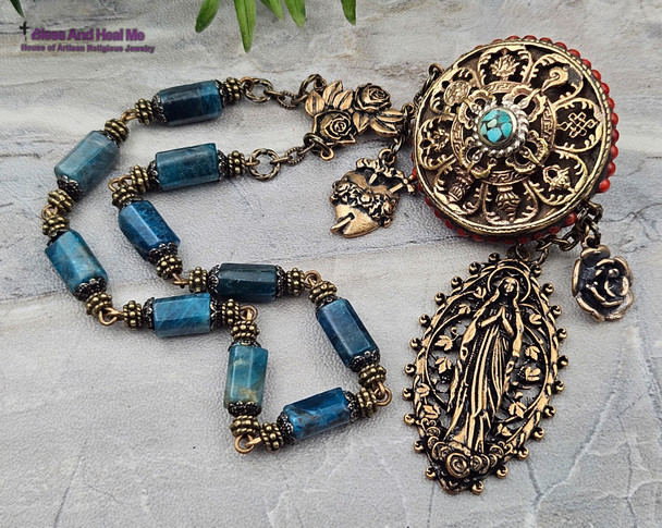 Virgin Miraculous Mary Immaculate Pierced Heart Apatite Vintage Bronze Large Chaplet