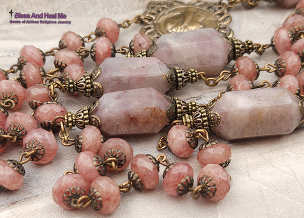 Virgin Miraculous Mary Pink Strawberry Quartz Lepidolite Vintage Bronze Large Rosary