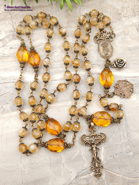 Lady Undoer of Knotts Miraculous Mary Citrine Amber Vintage Bronze Ornate Rosary