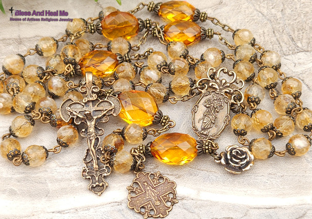 Lady Undoer of Knotts Miraculous Mary Citrine Amber Vintage Bronze Ornate Rosary