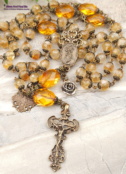 Lady Undoer of Knotts Miraculous Mary Citrine Amber Vintage Bronze Ornate Rosary