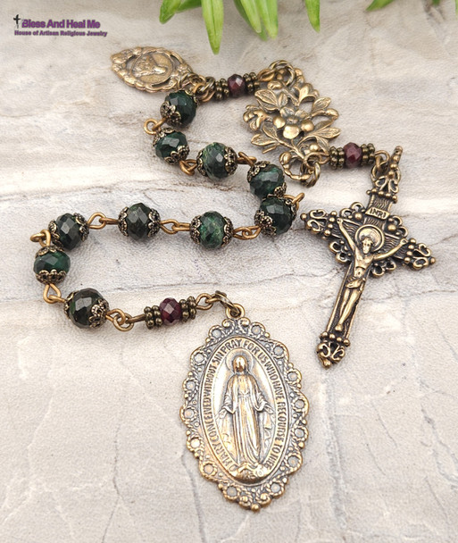 Miraculous Mary Sacred Heart Emerald Vintage Bronze Ornate Chaplet