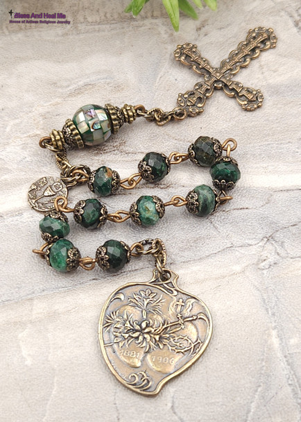 Mary Jesus Immaculate Sacred Heart Emerald Vintage Bronze Ornate Chaplet