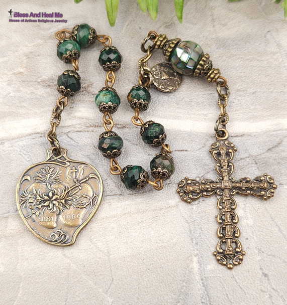 Mary Jesus Immaculate Sacred Heart Emerald Vintage Bronze Ornate Chaplet