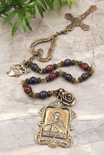 Mary Conceived Without Sin Genuine Sapphire Ruby Vintage Bronze Ornate Chaplet