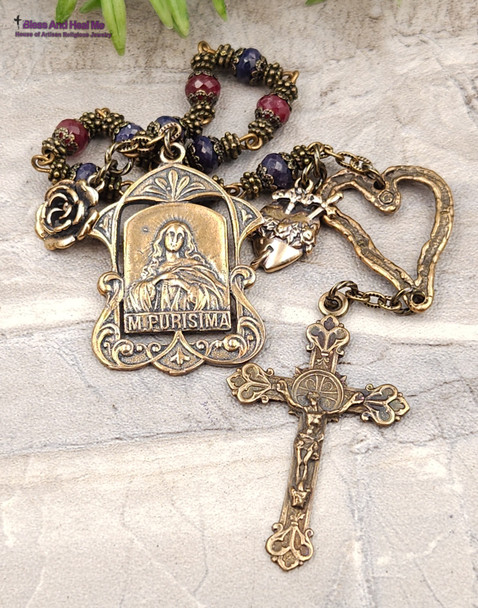 Mary Conceived Without Sin Genuine Sapphire Ruby Vintage Bronze Ornate Chaplet