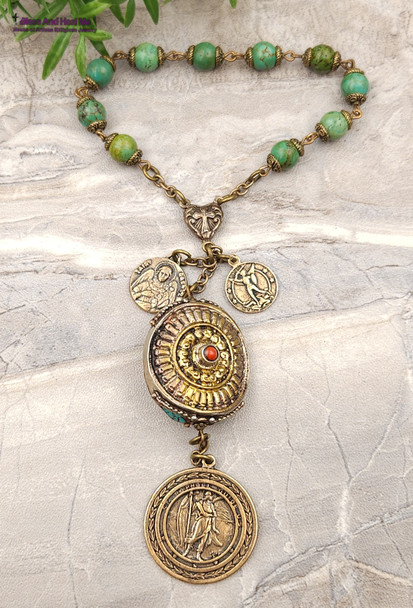 Archangel Raphael Michael Gabriel St Christopher Turquoise Vintage Bronze Chaplet