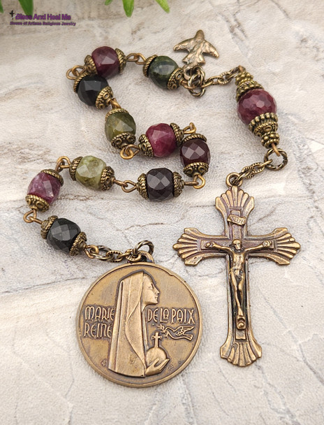 Lady of Peace Lourdes Green Red Jade Vintage Bronze Chaplet