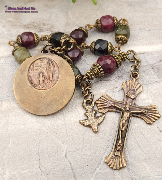 Lady of Peace Lourdes Green Red Jade Vintage Bronze Chaplet