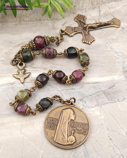 Lady of Peace Lourdes Green Red Jade Vintage Bronze Chaplet